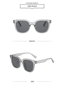 Detailsicht der quadratischen, grauen, transparenten Sonnenbrille mit schwarzen Gläsern