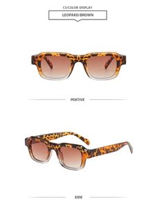 Detailansicht der klobigen Sonnenbrille mit Leopardenmuster und braunen Verlaufsgläsern