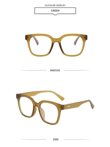 Close-up of translucent green square frames with metal accent and side view details
