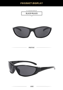 Front and side view of black sporty cycling sunglasses with ventilated temples