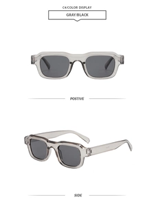 Detailsicht der quadratischen Sonnenbrille mit grauem Rahmen und dunklen Gläsern