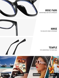 Detail of square glasses frame showing nose pads, metal hinges, and ergonomic temples