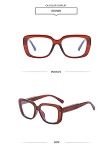 Front and side view of brown square glasses frame with elegant metal chain detail