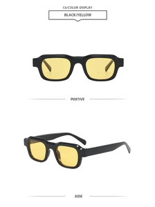 Detailansicht der Vintage Quadrat Sonnenbrille mit schwarzem Rahmen und gelben Gläsern