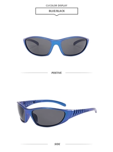 Detail of blue wraparound sports sunglasses with hollowed air vents and black lenses