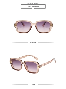 Détails des lunettes de soleil carrées rose thé avec branches texturées et verres dégradés