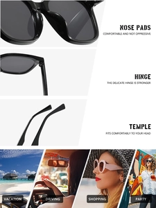 Detailsicht der schwarzen quadratischen Sonnenbrille mit verstärkten Metallscharnieren