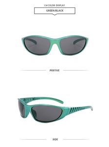 Detailed views showing bright green glitter sport frames with dark polarized lenses