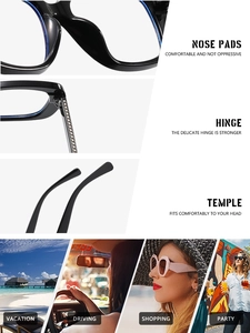 Detail of black thick frame glasses with reinforced hinges and integrated nose pads