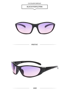 Detail view of sport sunglasses with black frames and purple pink gradient lenses