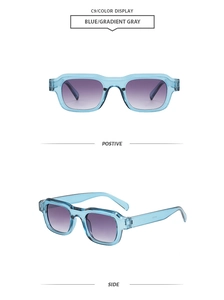 Detailansicht der rechteckigen blauen Sonnenbrille mit grauen Verlaufsgläsern aus zwei Winkeln