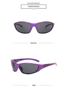 Front and side view of purple metallic sports sunglasses with dark polarized lenses