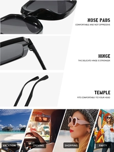 Détails des plaquettes de nez, charnières et branches de lunettes de soleil carrées