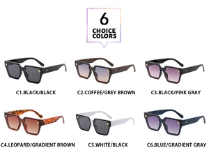 Matrix display of square sunglasses in six color options with golden G logo detail