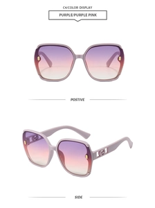 Détails de lunettes de soleil polygonales avec verres dégradés violets et charnière en or