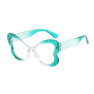 Occhiali alla moda con montatura a farfalla, strass brillanti e sfumatura verde acqua