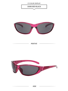 Detail view of dark red translucent sports sunglasses with dark grey UV lenses