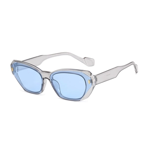 Modern rectangular sunglasses with blue semi-transparent lenses and gray transparent frame