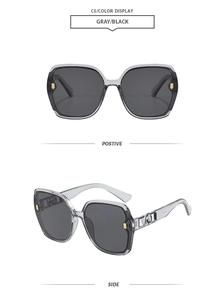 Détails de lunettes de soleil grises avec monture translucide et accents métalliques