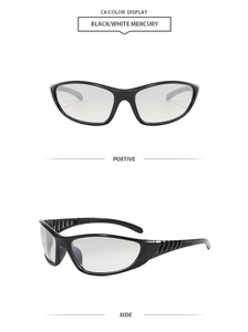 Detail view of black cycling sunglasses with side ventilation holes and silver mercury lenses
