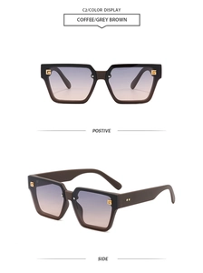 Detailed macro view of square coffee sunglasses featuring gold G logo and gradient lenses