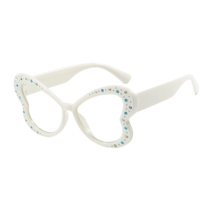 Occhiali alla moda a farfalla con strass blu scintillanti su una montatura bianca
