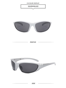 Detailed views of silver outdoor sports sunglasses with UV protection and sleek frames