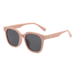 Modische quadratische rosa Sonnenbrille mit dunkelgrauen Gläsern und Metallverzierung
