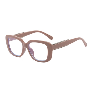 Modern square pink frame glasses with vintage metal chain temple detail in white background