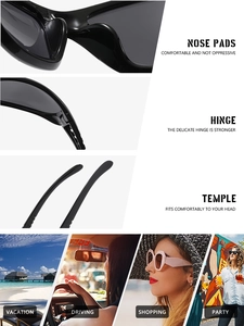 Detail view of nose pads, hinges and temples of stylish black outdoor sports sunglasses
