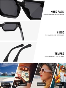 Detail of square sunglasses showing integrated nose pads, hinges and stylish lifestyle use