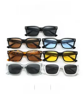Collection of vintage square sunglasses in seven vibrant colors on a clean background
