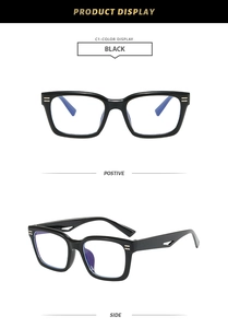 Detail view of black square frame glasses with unique triangle hollowed temples and metal trim