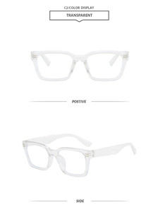 Front and side view of square transparent eyeglass frames with wide temple design