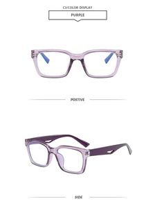 Detail view of purple square eyeglass frames showing front and side temple hinge design