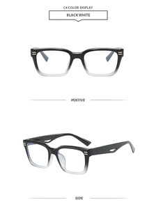 Detail view of square black and white gradient frames with decorative metal side bars