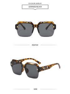 Detail view of leopard print sunglasses featuring metal H logo and镂空 side temple design