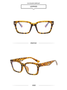 Detailed views of leopard print square eyeglass frames from front and side angles