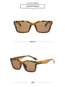 Detail view of square frame sunglasses with leopard print and brown lenses in two angles