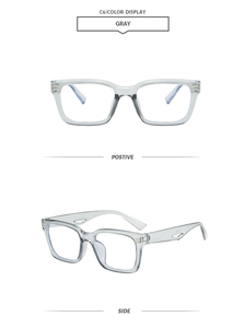 Detailed front and side view of transparent gray square frame glasses with metal rivets