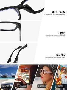 Detailed views of eyewear nose pads, hinges and temples with lifestyle scene highlights