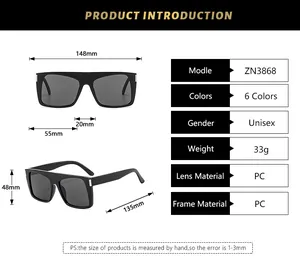Detailed size chart for unisex square sunglasses showing dimensions and PC material specs