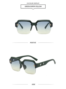 Detail view of semi-rimless green sunglasses with golden H logo and gradient lenses