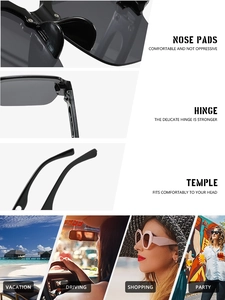 Detail view of comfortable nose pads and durable hinges on black semi-rimless sunglasses