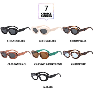 Showcase of 7 color options for retro oval sunglasses with classic rivet details