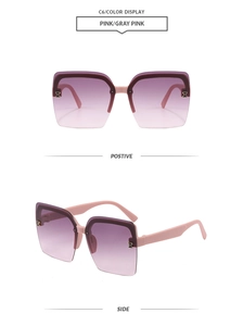 Detail view of pink rimless oversized sunglasses with a signature golden H metal hinge