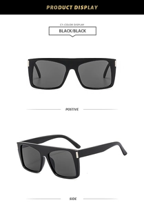 Front and side views of black oversized square sunglasses with metal hinge accents