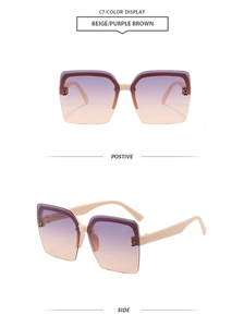 Detail of beige frameless square sunglasses with purple-brown gradient lenses and gold logo