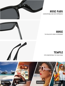 Detail view of reinforced hinges, nose pads, and ergonomic temples on square sunglasses