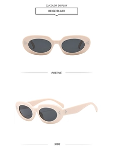 Front and side views of beige oval sunglasses with dark lenses and metal stud accents